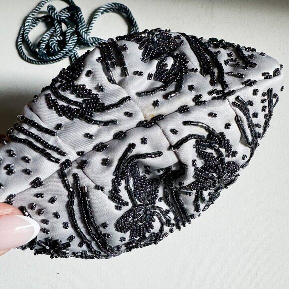 Light Grey Beaded Satin Drawstring Evening Purse - Picture 9 of 11
